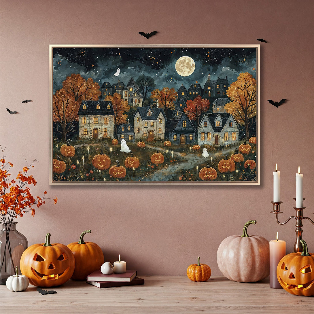 Framed Wall Art: Spooky Halloween town illustration, warm autumn color palette. Perfect for seasonal decor!