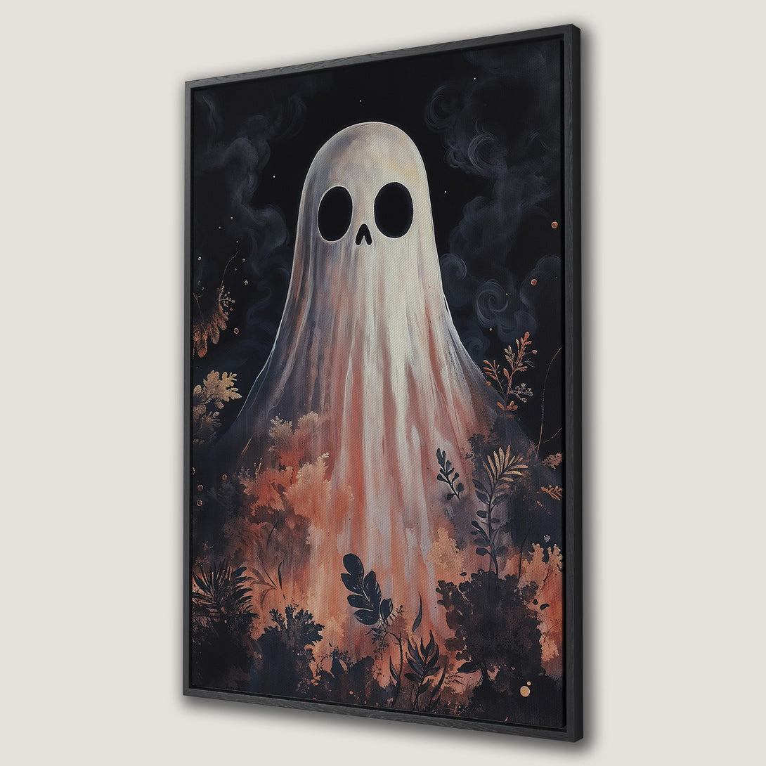 Framed Wall Art: Spooky ghost illustration in a dark, moody style. Features a white ghost with a black background and warm, earthy tones. Perfect Halloween decor.
