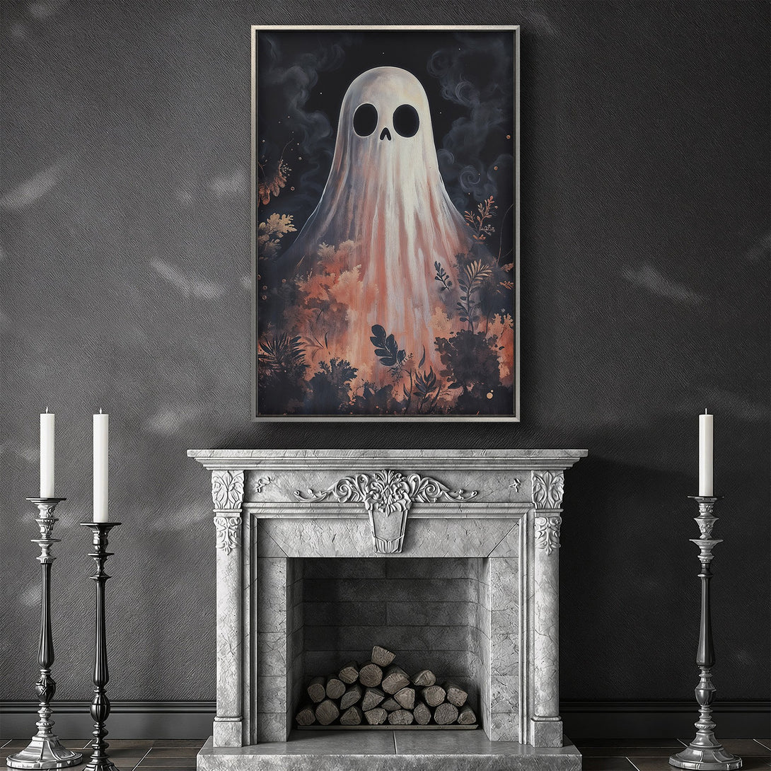 Framed Wall Art featuring a spooky ghost in a dark, moody style. Earthy and muted color palette, perfect for Halloween decor or a gothic aesthetic.