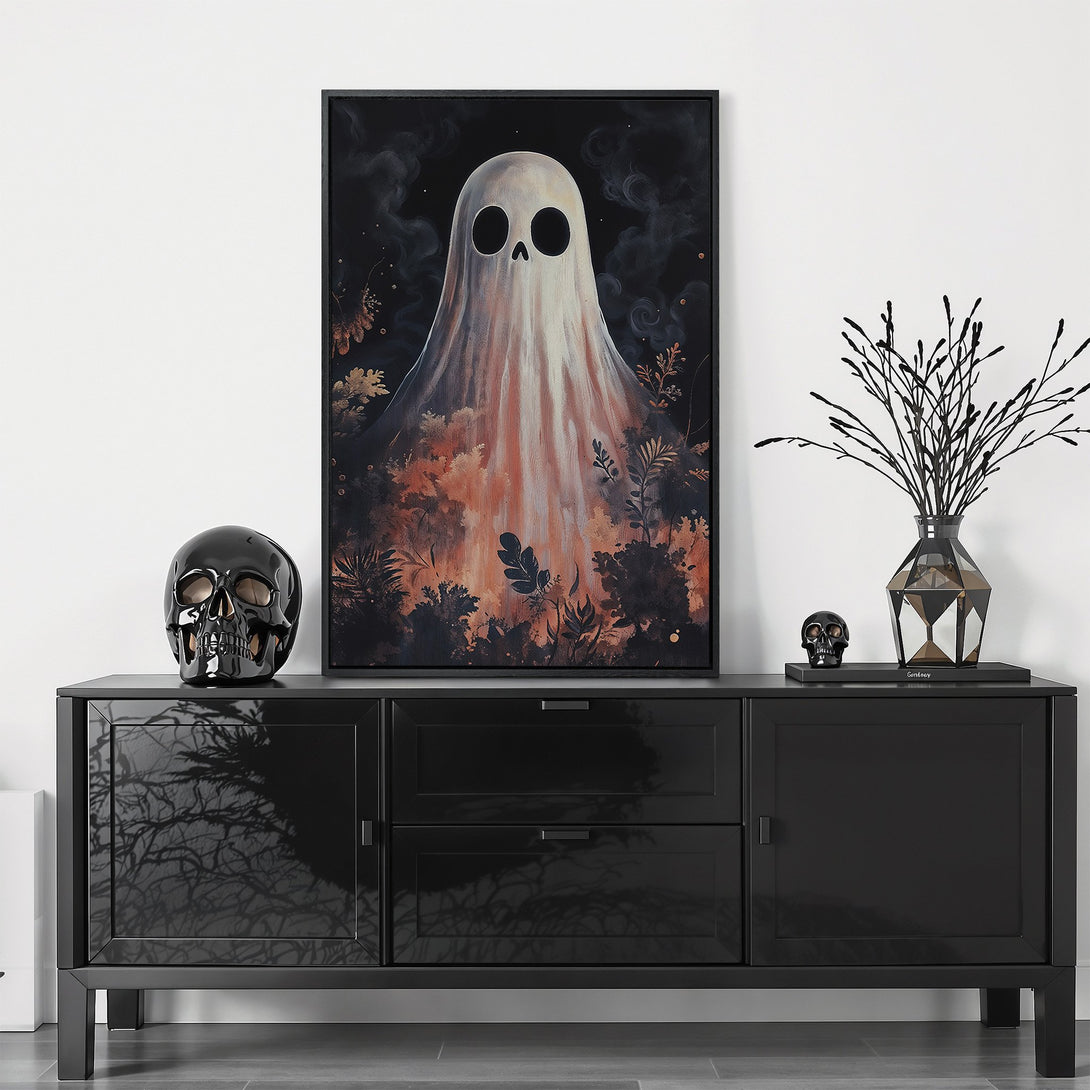 Framed Wall Art featuring a spooky ghost illustration in a dark, moody style with a warm, earthy color palette. Perfect Halloween decor!