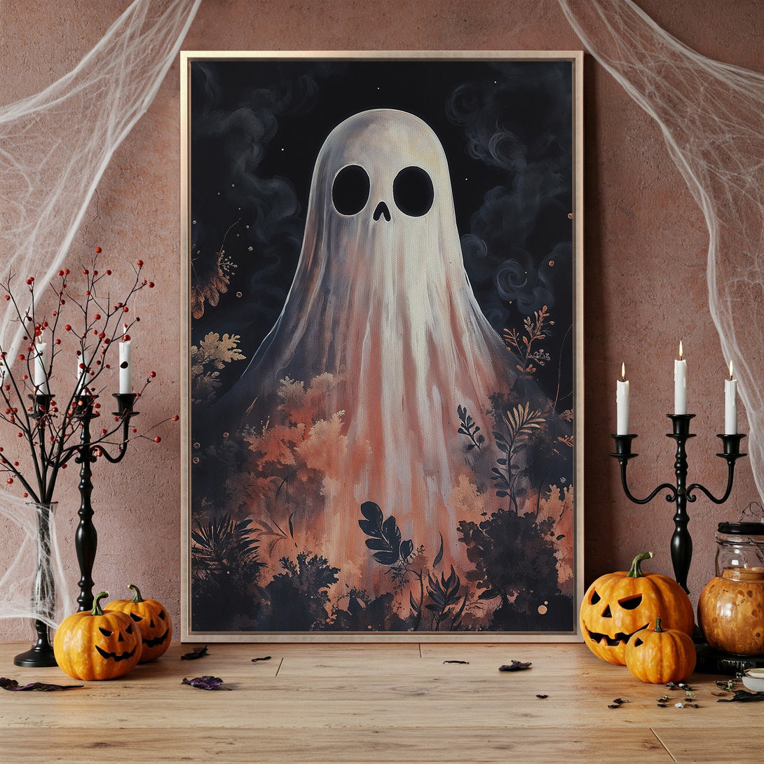 Framed Wall Art: Spooky ghost painting in a dark, autumnal color palette. Perfect Halloween decor! Add a touch of eerie elegance to your home.