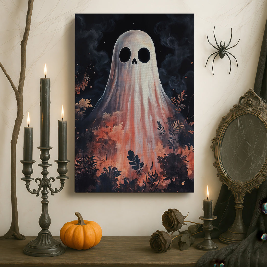 Framed Wall Art featuring a whimsical ghost in a dark, moody interior. Earthy tones with a pop of color. Perfect for Halloween decor!