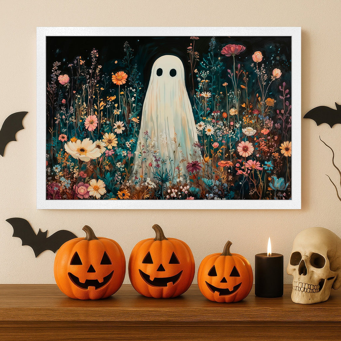 Framed Poster featuring a ghost in a floral field, whimsical style with a dark, colorful palette. Perfect Halloween decor!