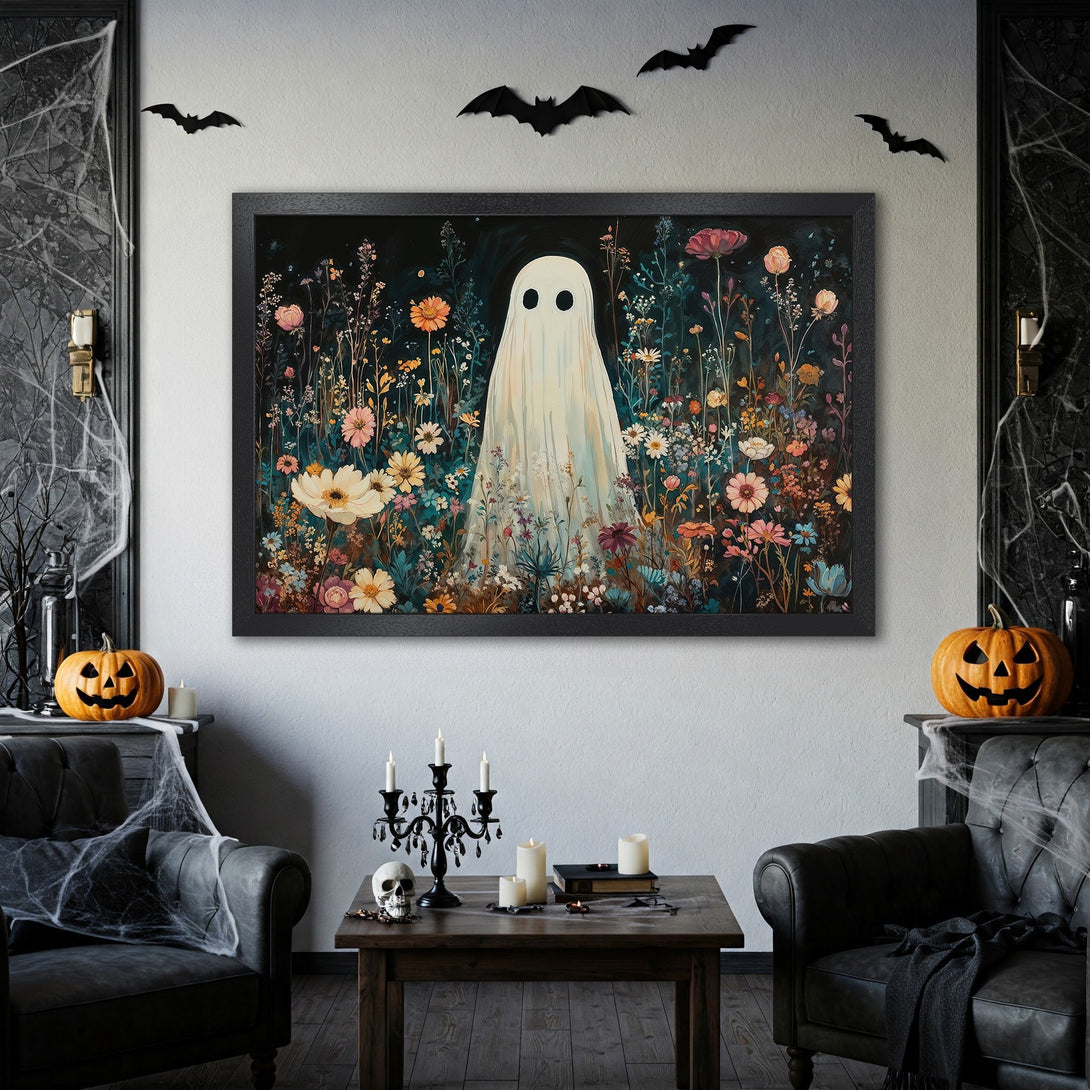 Framed Poster featuring a whimsical ghost in a floral field. Dark, moody style with a colorful palette, perfect Halloween decor.