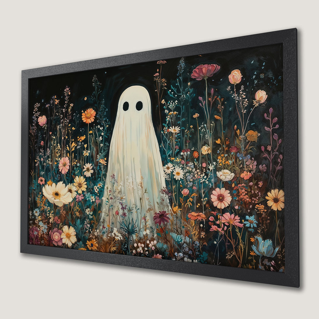 Framed Poster featuring a ghost in a floral field. Whimsical style with a dark, moody color palette. Perfect wall art!