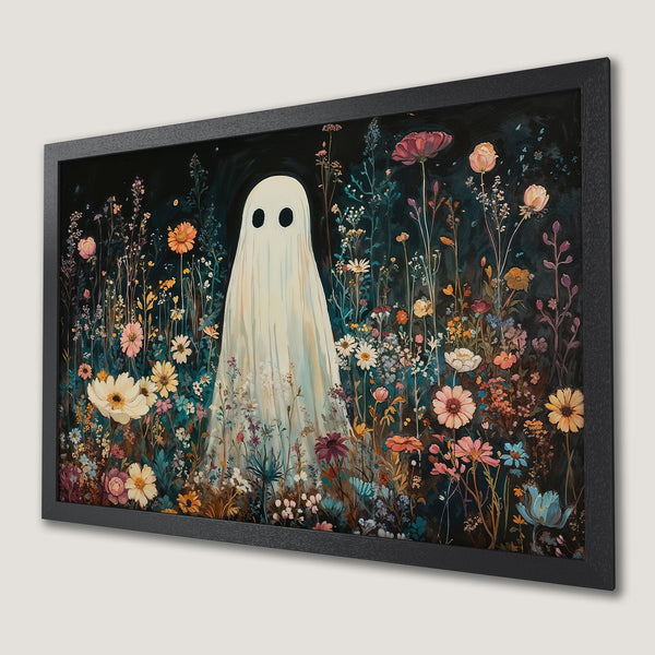 Framed Poster featuring a ghost in a floral field. Whimsical style with a dark, moody color palette. Perfect wall art!