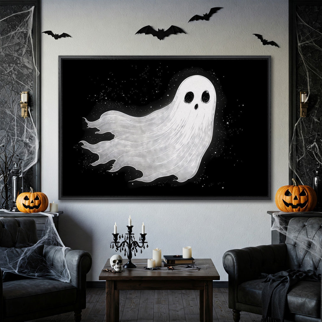Framed Wall Art: Spooky ghost illustration in black and white. Perfect Halloween decor! Modern art print with a minimalist style and dark color palette.