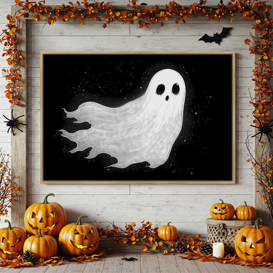 Framed Wall Art: Spooky ghost illustration, black & white with a starry night background. Perfect Halloween decor in a rustic, autumnal setting.