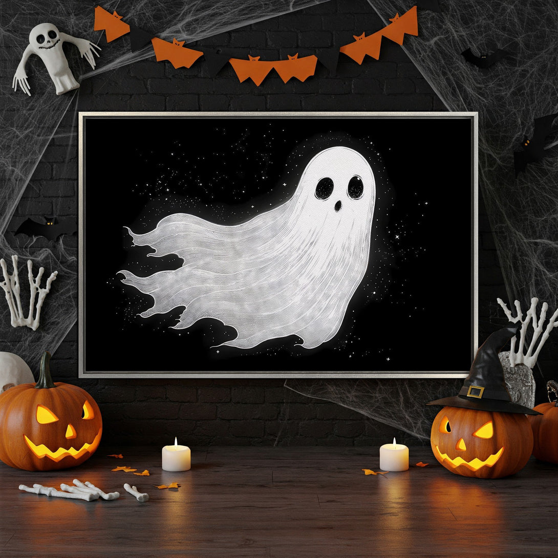 Framed Wall Art: Spooky ghost illustration on a black background. Halloween-themed wall art with a white and black color palette. Perfect for seasonal decor.