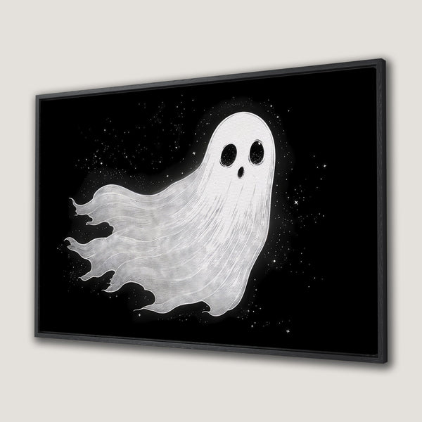Framed Wall Art: Whimsical ghost illustration in black and white. Spooky, minimalist design perfect for Halloween decor. Add a touch of fun to your space!