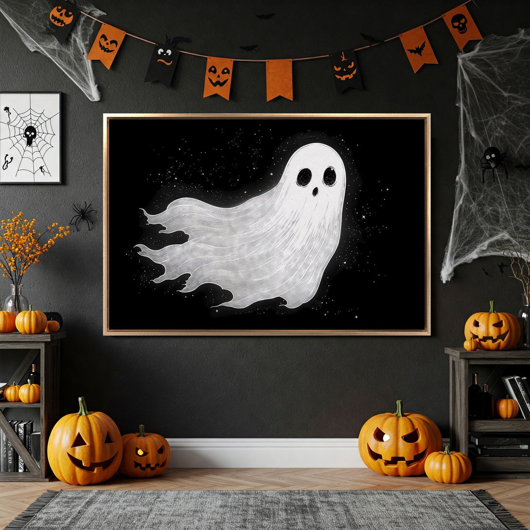 Framed Wall Art: Spooky ghost illustration in a Halloween-themed interior. Black, white, and orange color palette. Perfect for adding a touch of Halloween decor.
