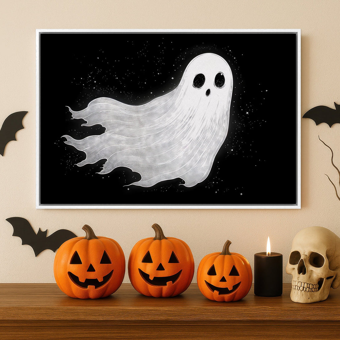 Framed Wall Art: Spooky ghost illustration in black and white. Perfect Halloween decor! Modern canvas print with a minimalist style and a dark, moody color palette.