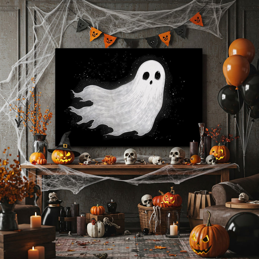 Framed Wall Art: Spooky ghost illustration on black canvas. Halloween decor with a vintage, monochrome style. Perfect for fall & spooky season!