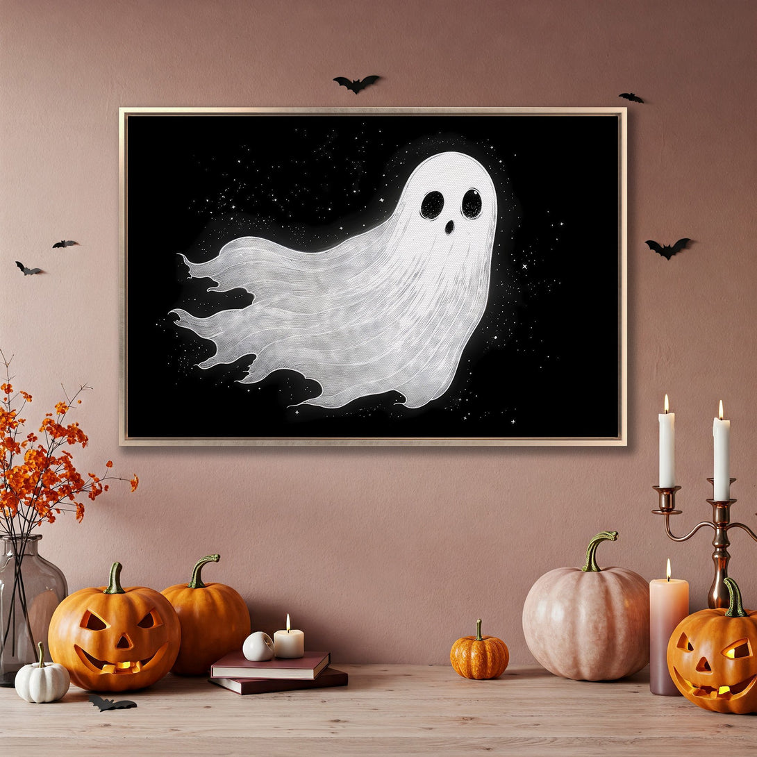 Framed Wall Art: Spooky ghost illustration in black & white. Perfect Halloween decor! Modern art with a neutral color palette.