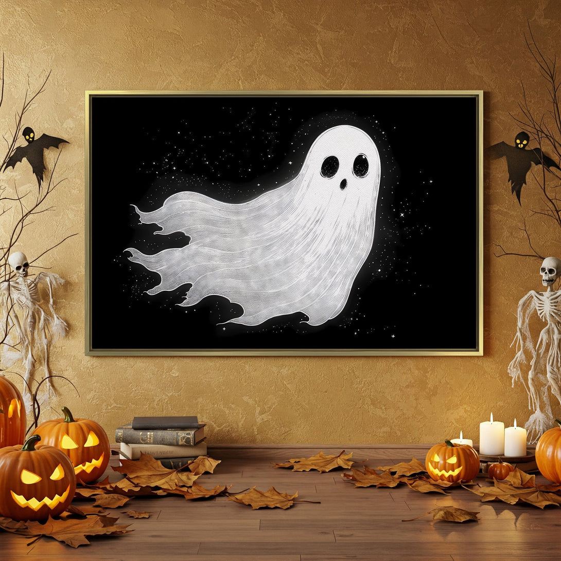Canvas Print: Spooky ghost art in a Halloween-themed interior. Black & white illustration with orange accents. Perfect for seasonal decor!