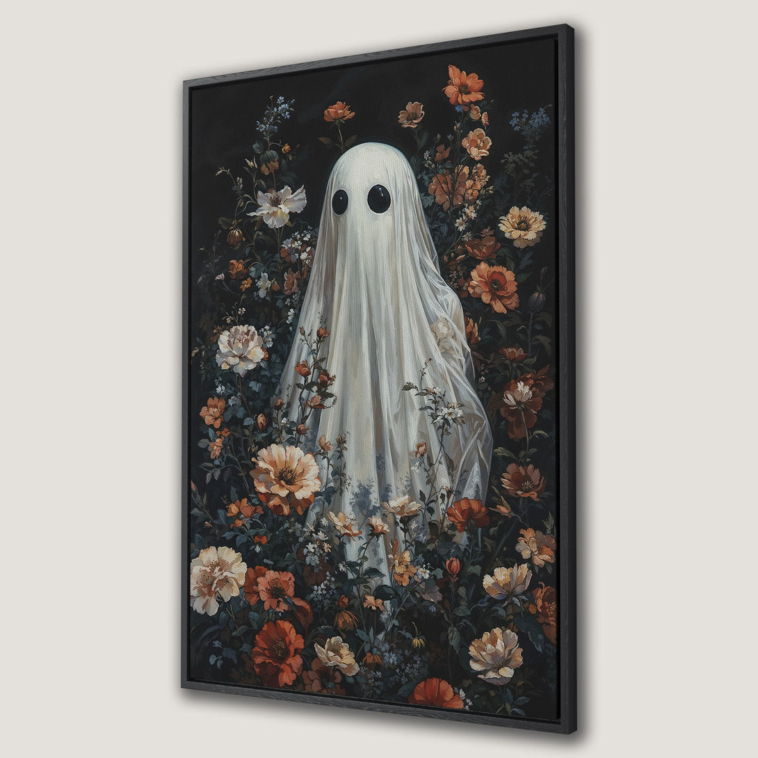 Framed Wall Art featuring a whimsical ghost in a floral garden. Dark, moody color palette with pops of orange and cream. Perfect for Halloween decor!
