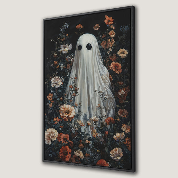 Framed Wall Art featuring a whimsical ghost in a floral garden. Dark, moody color palette with pops of orange and cream. Perfect for Halloween decor!