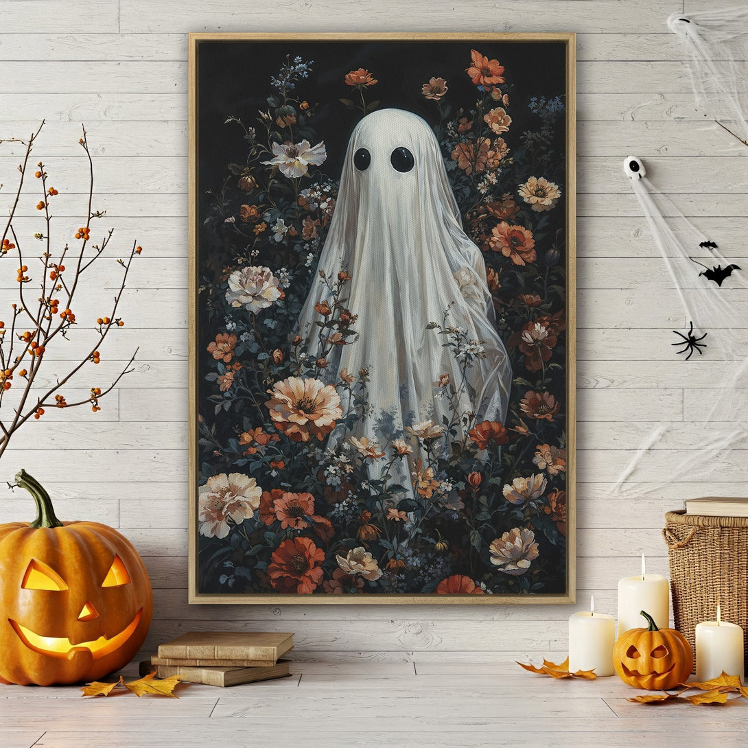 Framed Wall Art: Spooky ghost in floral arrangement. Dark, moody color palette with pops of orange and cream. Perfect Halloween decor!