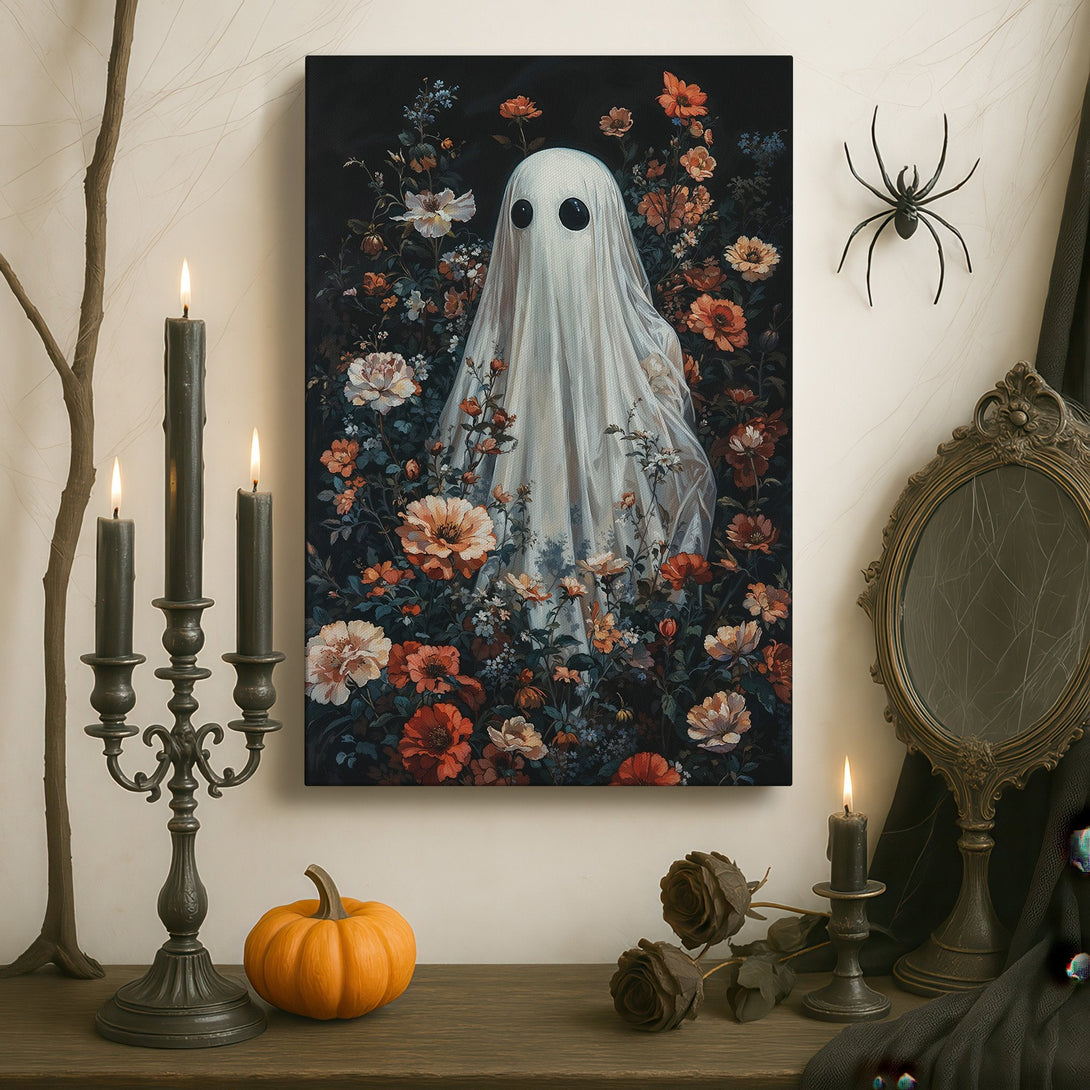 Framed Wall Art: Spooky ghost surrounded by flowers, dark color palette. Gothic-inspired Canvas Print adds a touch of mystery to any space.