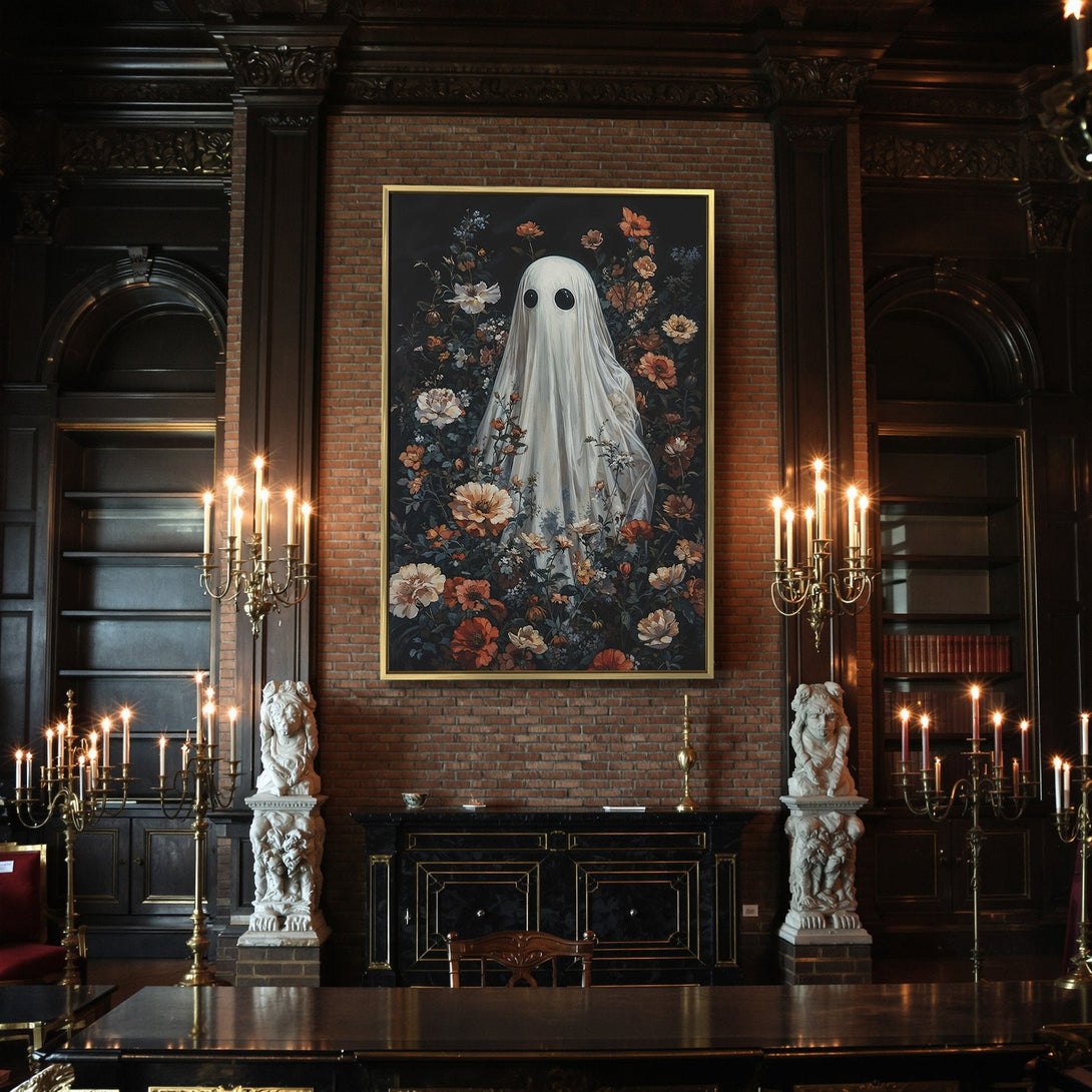 Canvas Print: Spooky floral ghost art in dark, moody tones. Perfect Halloween decor! Featuring a white ghost in a garden of orange and cream flowers.