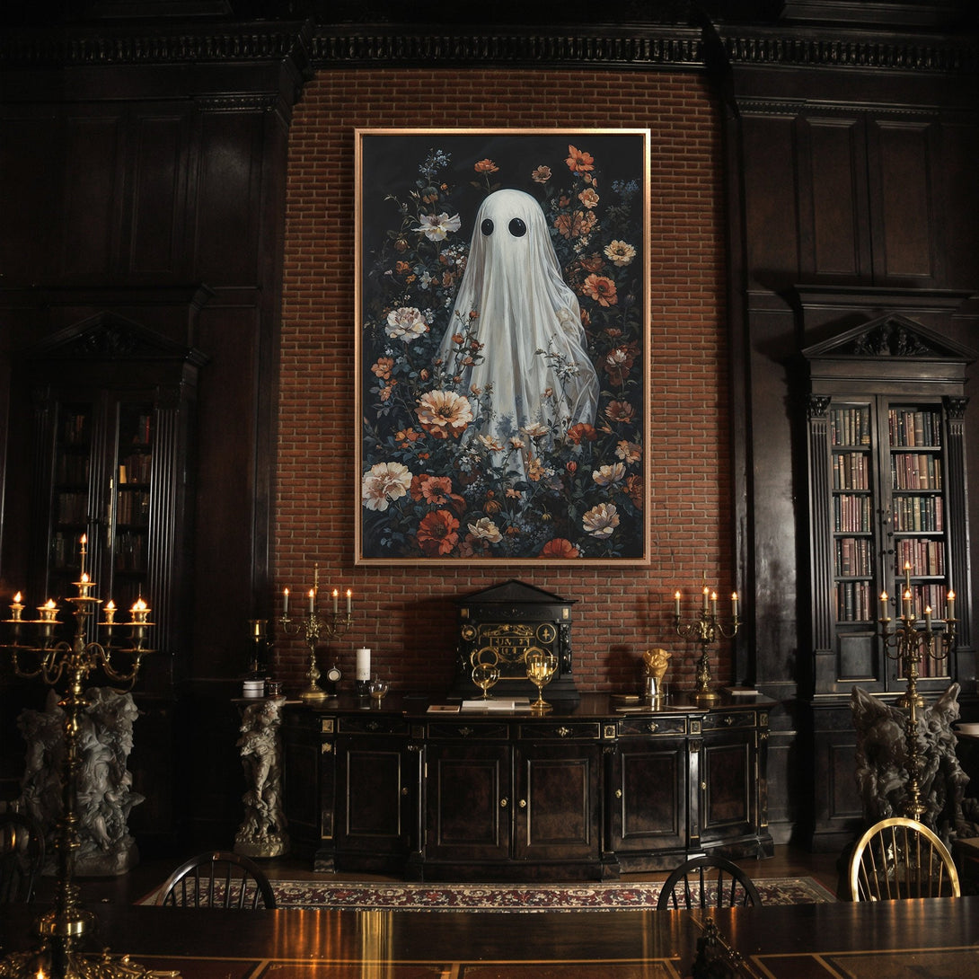 Framed Wall Art: Spooky ghost in a floral garden, dark & moody aesthetic. Warm color palette. Perfect for a gothic or Halloween-themed interior.
