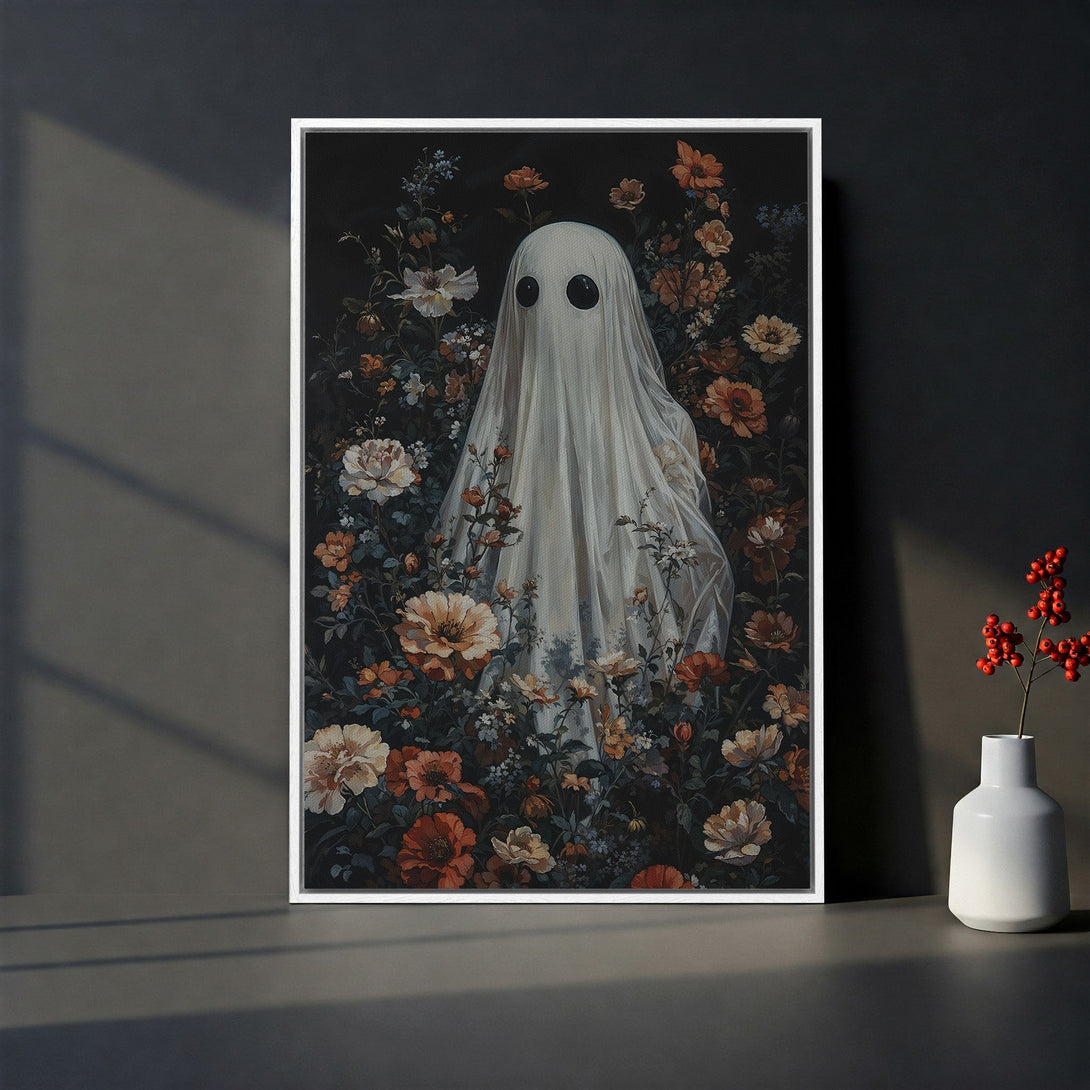 Framed Wall Art featuring a whimsical ghost in a floral garden. Moody, vintage style with a dark, warm color palette. Perfect for Halloween decor!