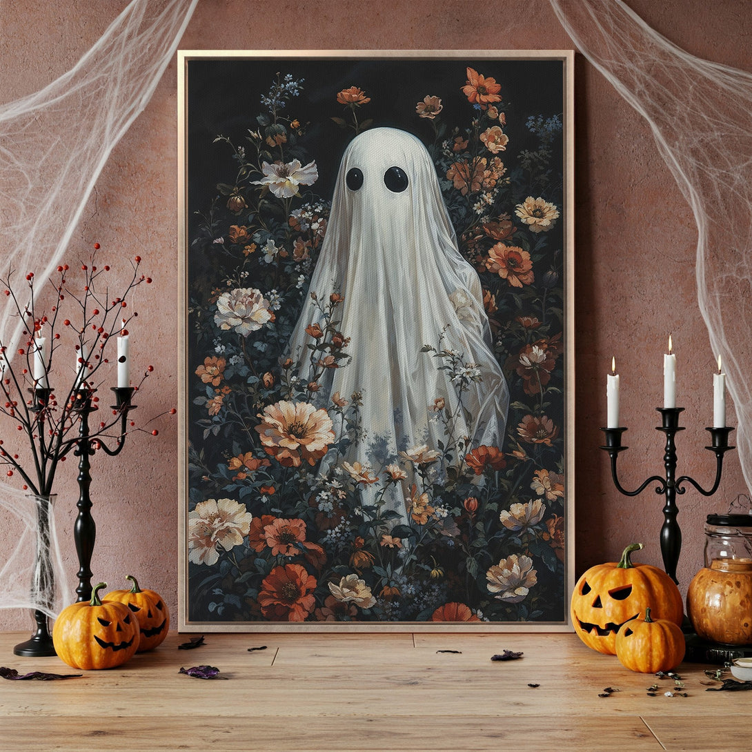 Framed Wall Art: Spooky ghost print with floral details in a vintage style. Earthy tones create a unique Halloween aesthetic. Shop now!