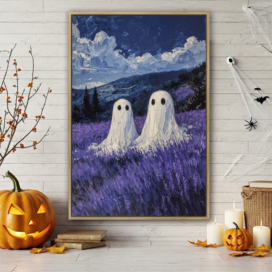 Framed Wall Art: Spooky ghost painting in a lavender field. Impressionistic style with a blue and purple color palette, perfect for Halloween decor.