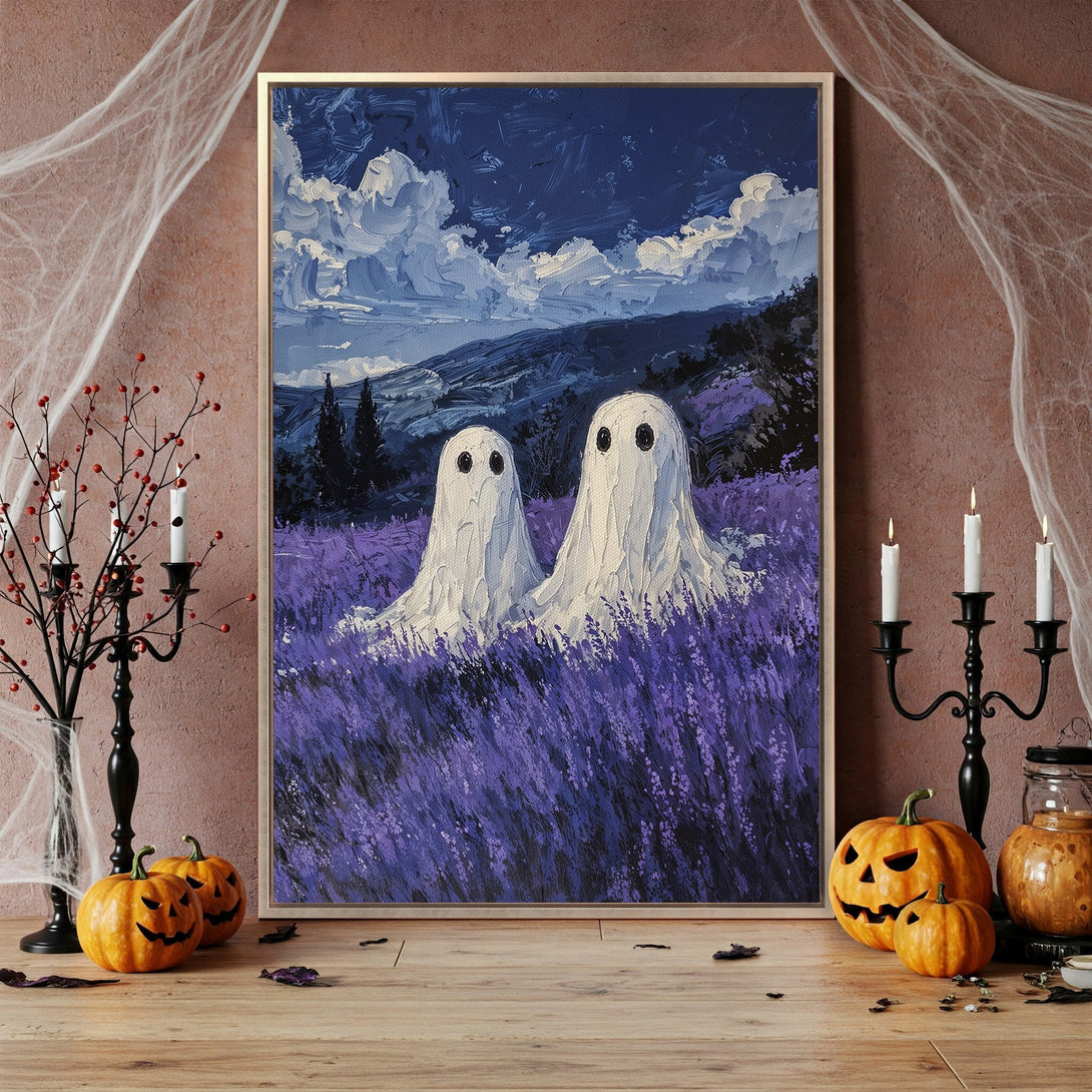 Framed Wall Art featuring whimsical ghost painting in a lavender field. Perfect Halloween decor with a moody blue and purple color palette.