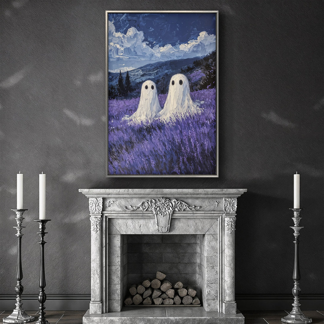 Framed Wall Art featuring whimsical ghost painting in a lavender field. Moody blue and purple color palette. Perfect for spooky decor!
