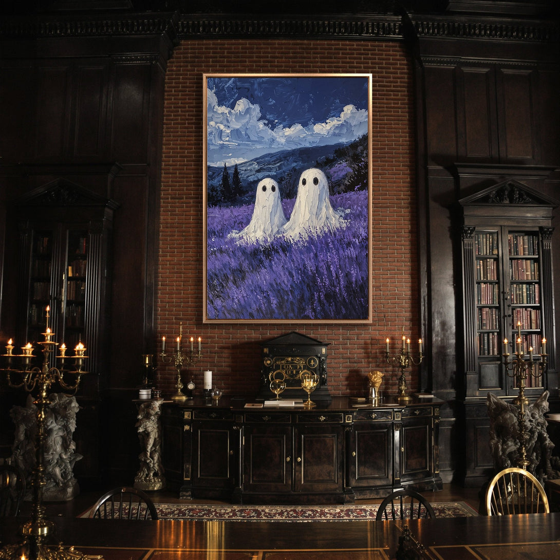Framed Wall Art featuring whimsical ghost painting in a lavender field. A unique piece with a cool blue & purple color palette, perfect for Halloween decor.