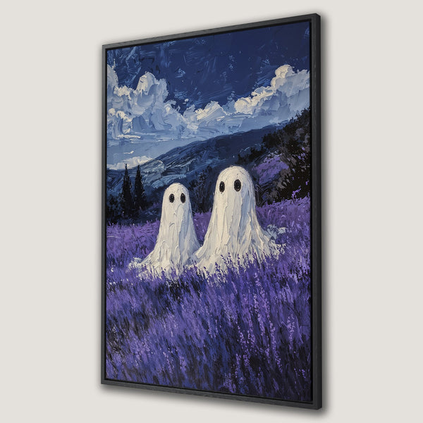 Framed Wall Art: Whimsical painting of two ghosts in a lavender field, impressionistic style with a blue and purple color palette. Perfect for spooky decor!