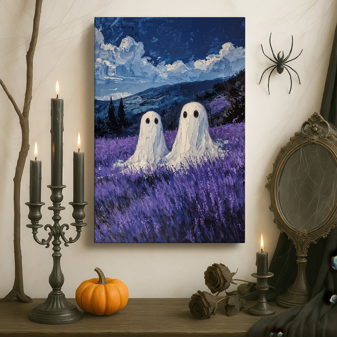 Framed Wall Art: Whimsical ghost painting in a lavender field. Modern art with a blue, purple, and white color palette. Perfect for adding a touch of spooky charm.