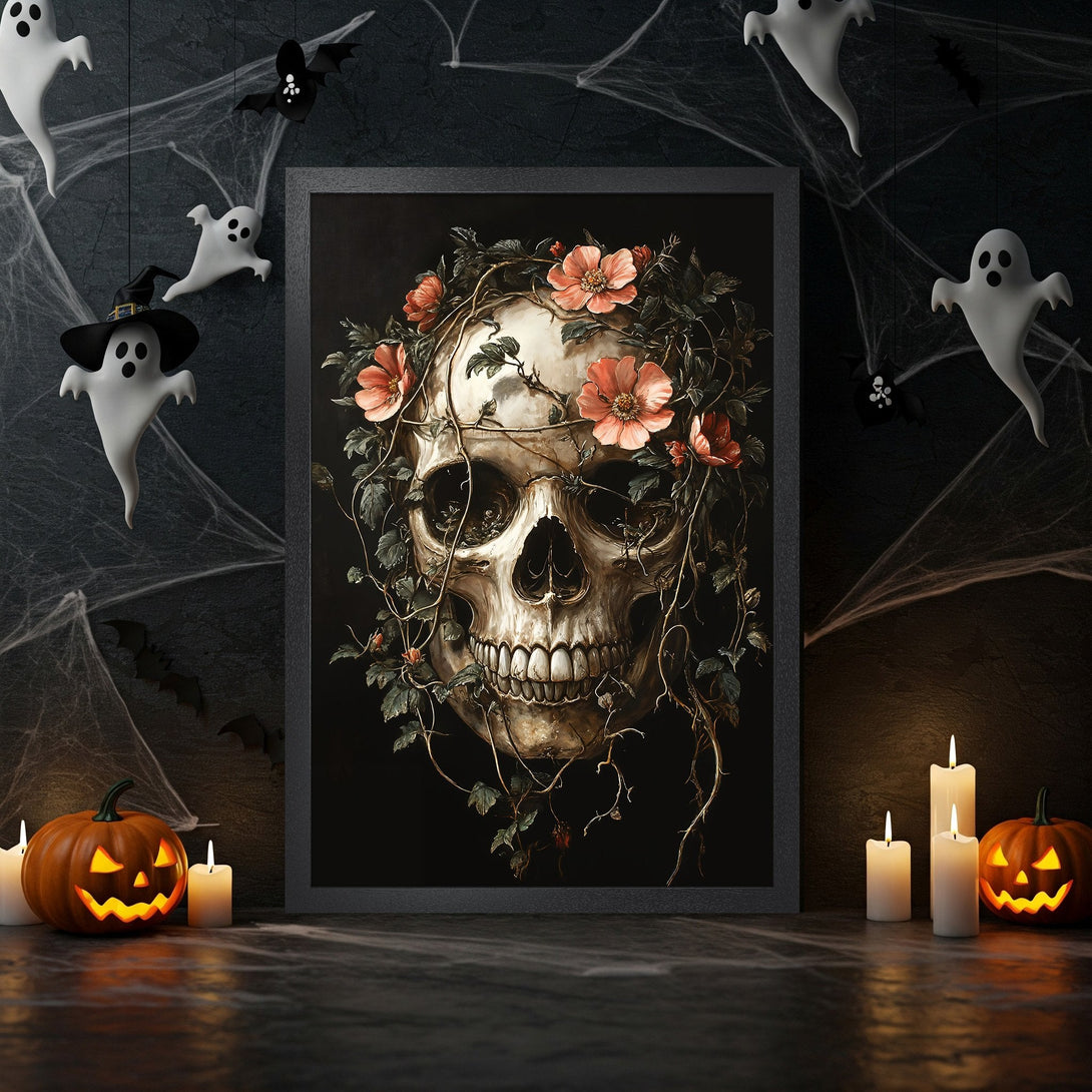 Framed Poster featuring a skull with flowers, dark art style, with a black, orange, and green color palette for Halloween decor.