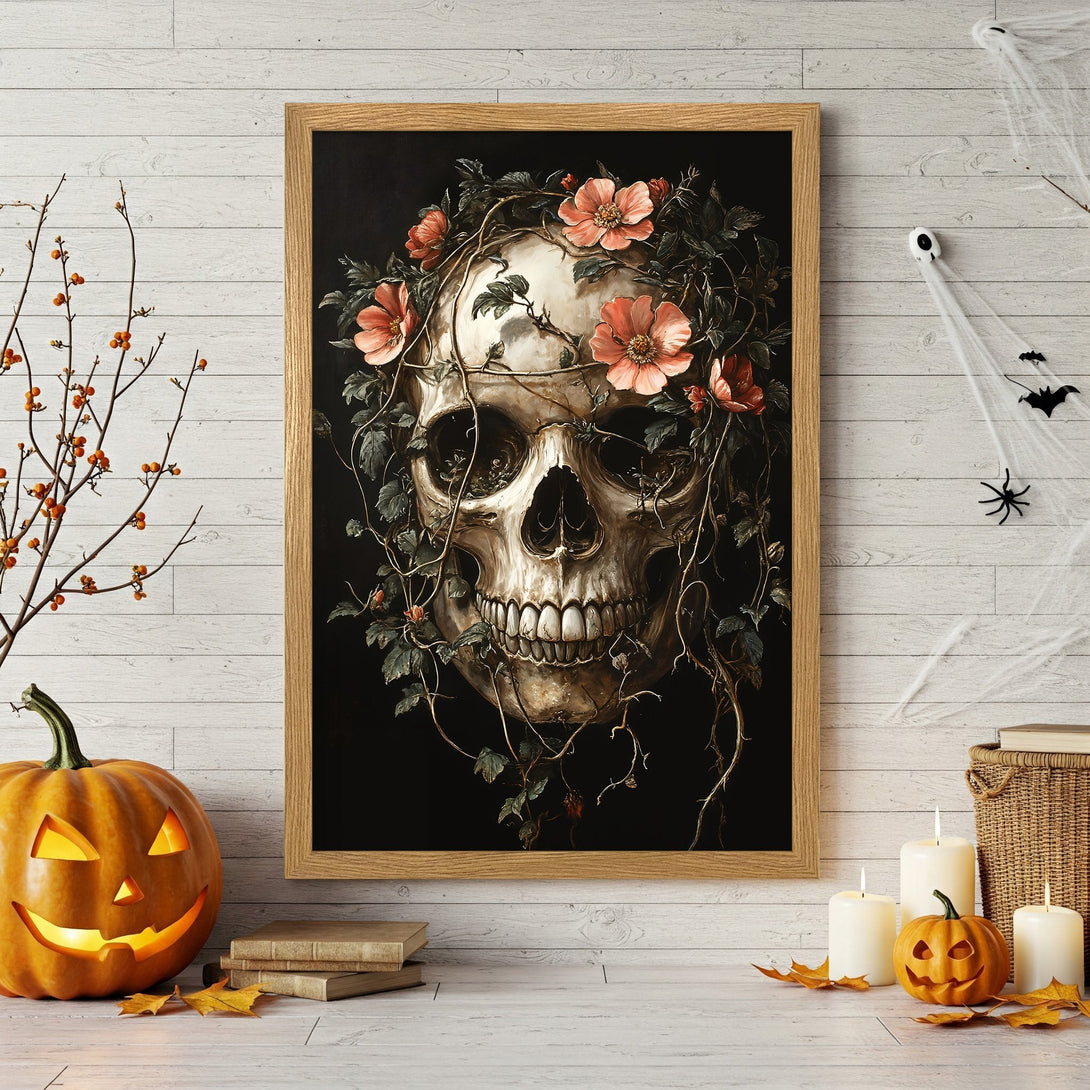 Framed Poster featuring a skull with floral accents, gothic style, dark & earthy color palette. Perfect Halloween decor.