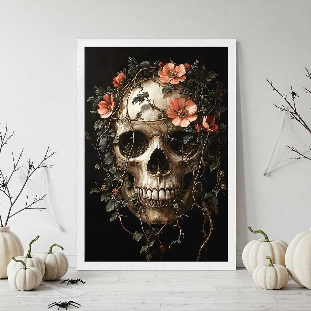 Framed Poster featuring a skull with floral elements, gothic style, dark and neutral color palette. Perfect for Halloween decor.