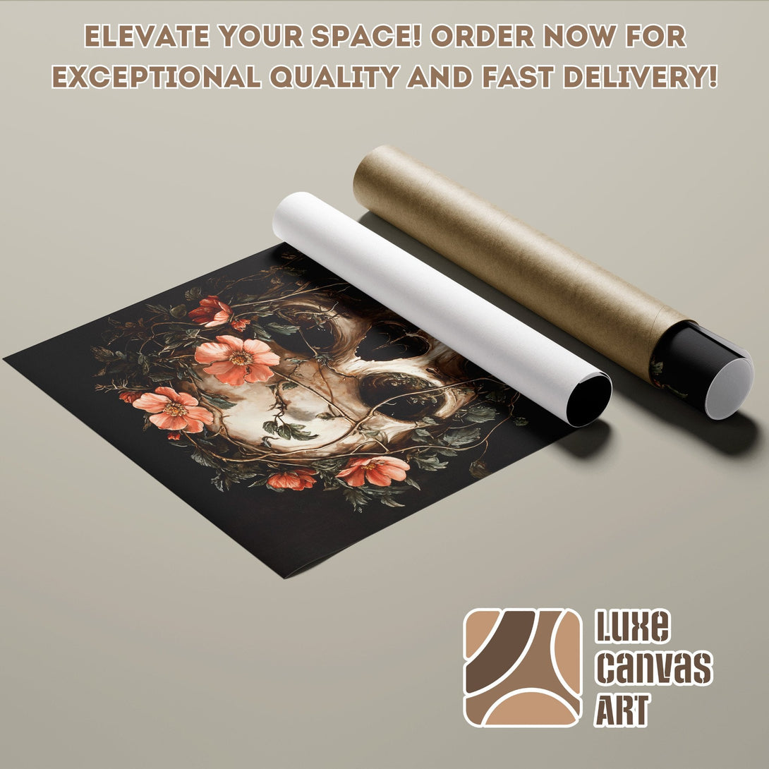 Poster Roll featuring a skull with floral accents, dark & warm color palette. Elevate your space!