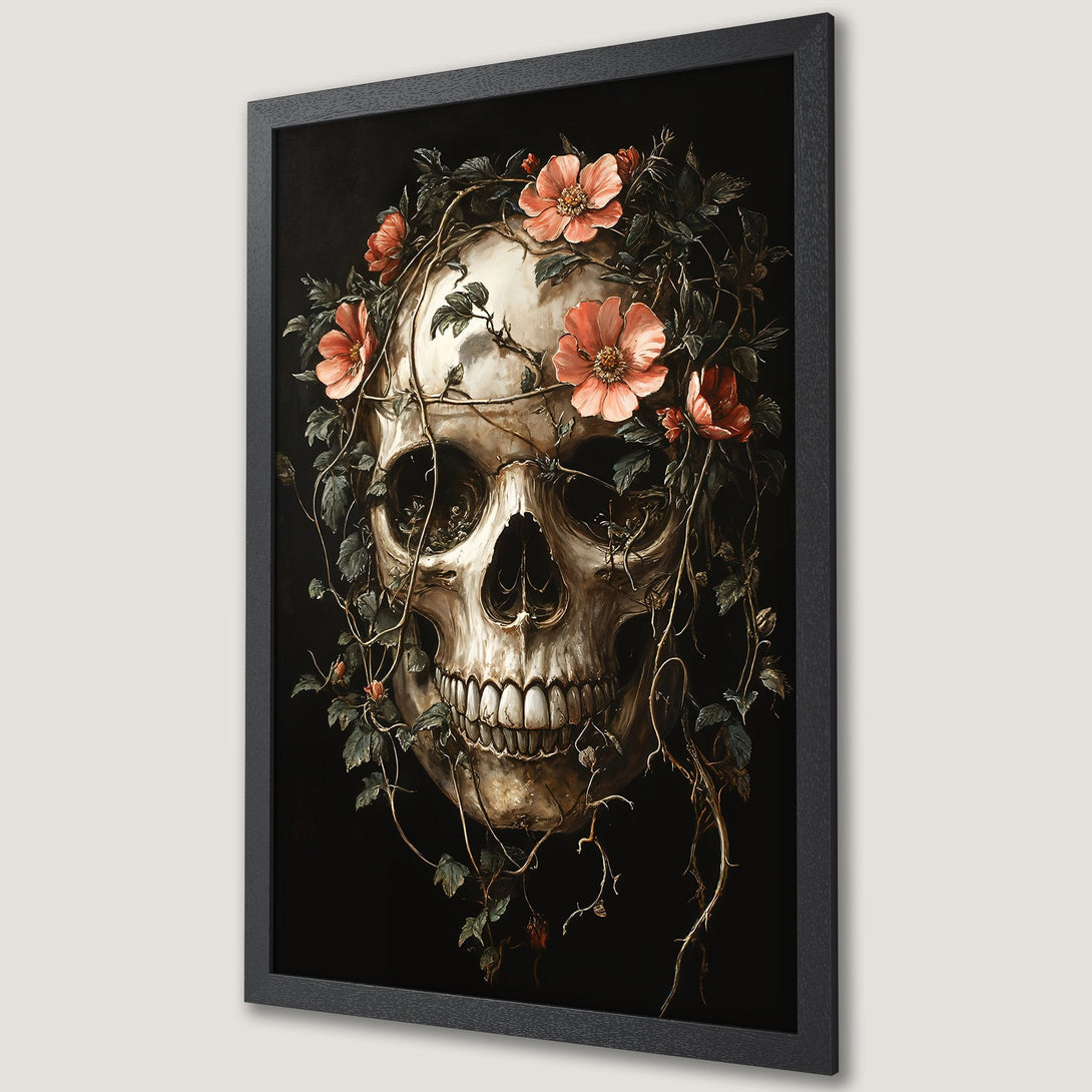 Framed Poster featuring a skull with floral vines, gothic art style, dark and earthy color palette. Perfect for unique wall decor.
