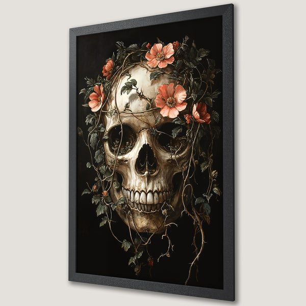 Framed Poster featuring a skull with floral vines, gothic art style, dark and earthy color palette. Perfect for unique wall decor.