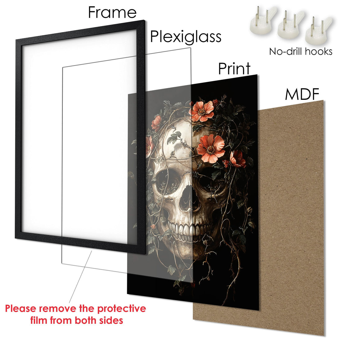 Framed Poster featuring a skull with flowers, dark & moody style, black, beige, and orange color palette. Perfect wall art!