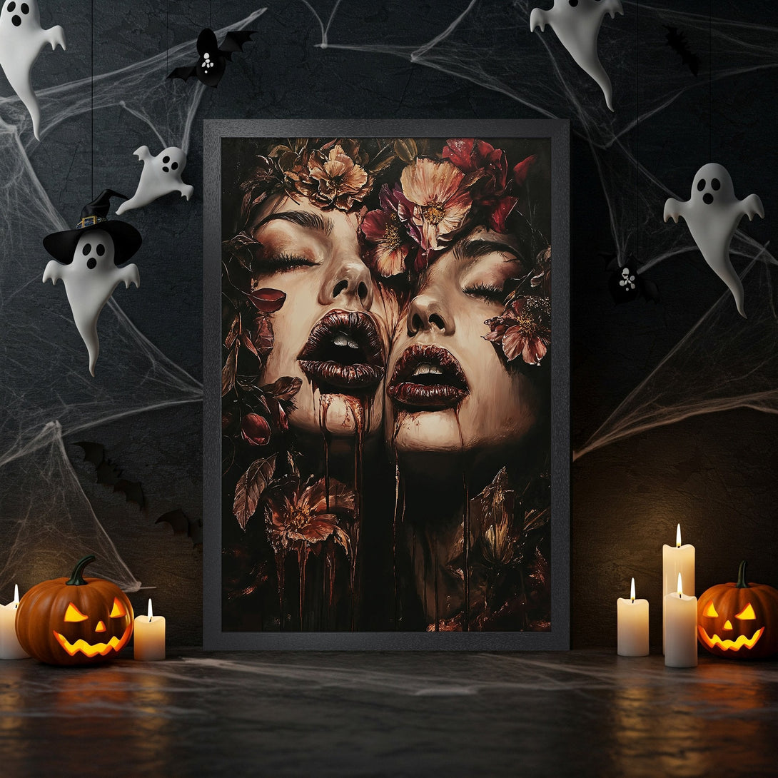 Framed Poster featuring a surreal portrait with a dark, moody style and a warm, autumnal color palette. Perfect Halloween decor!