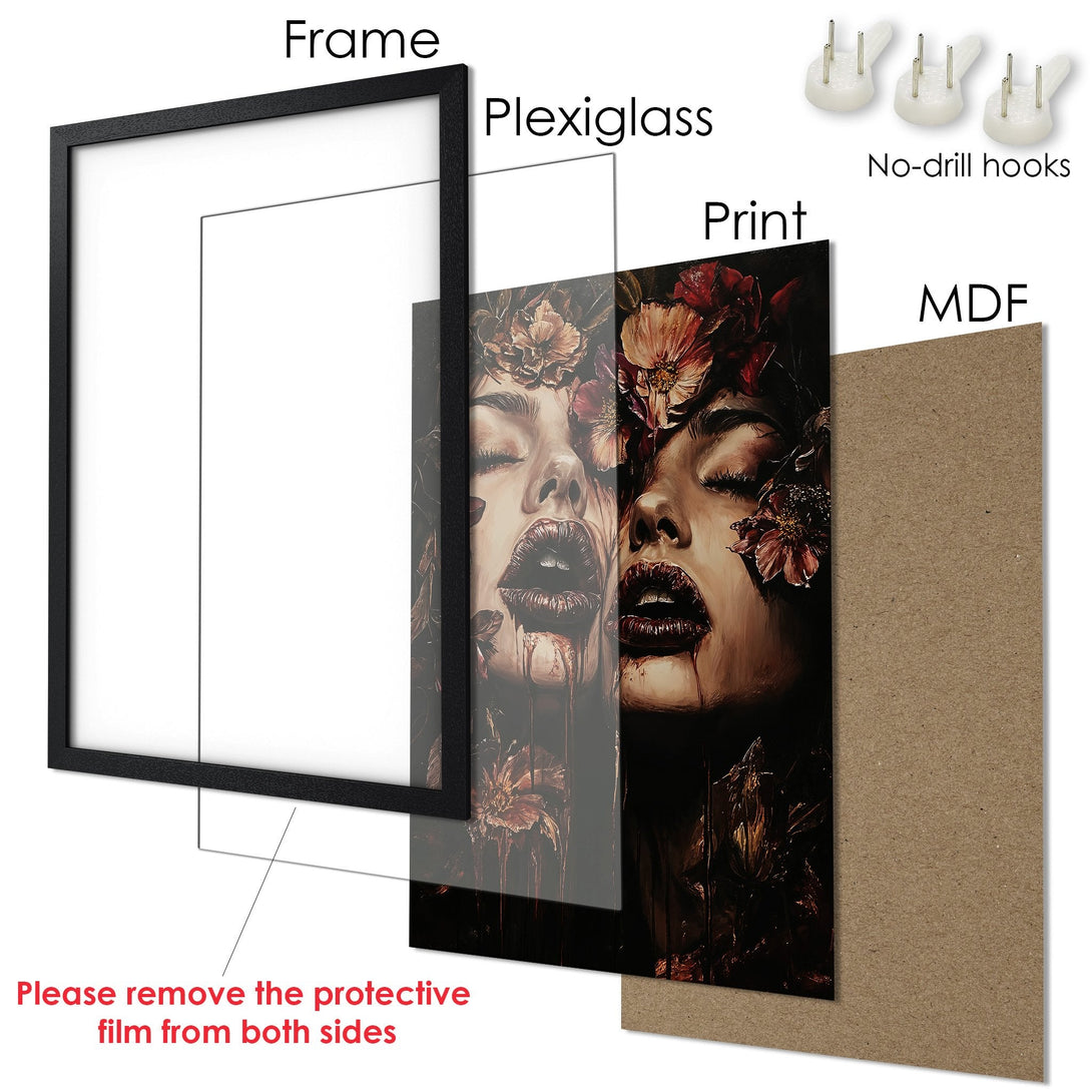 Framed Poster featuring a woman with floral accents in a dark, moody style with a rich, warm color palette. Perfect wall art!
