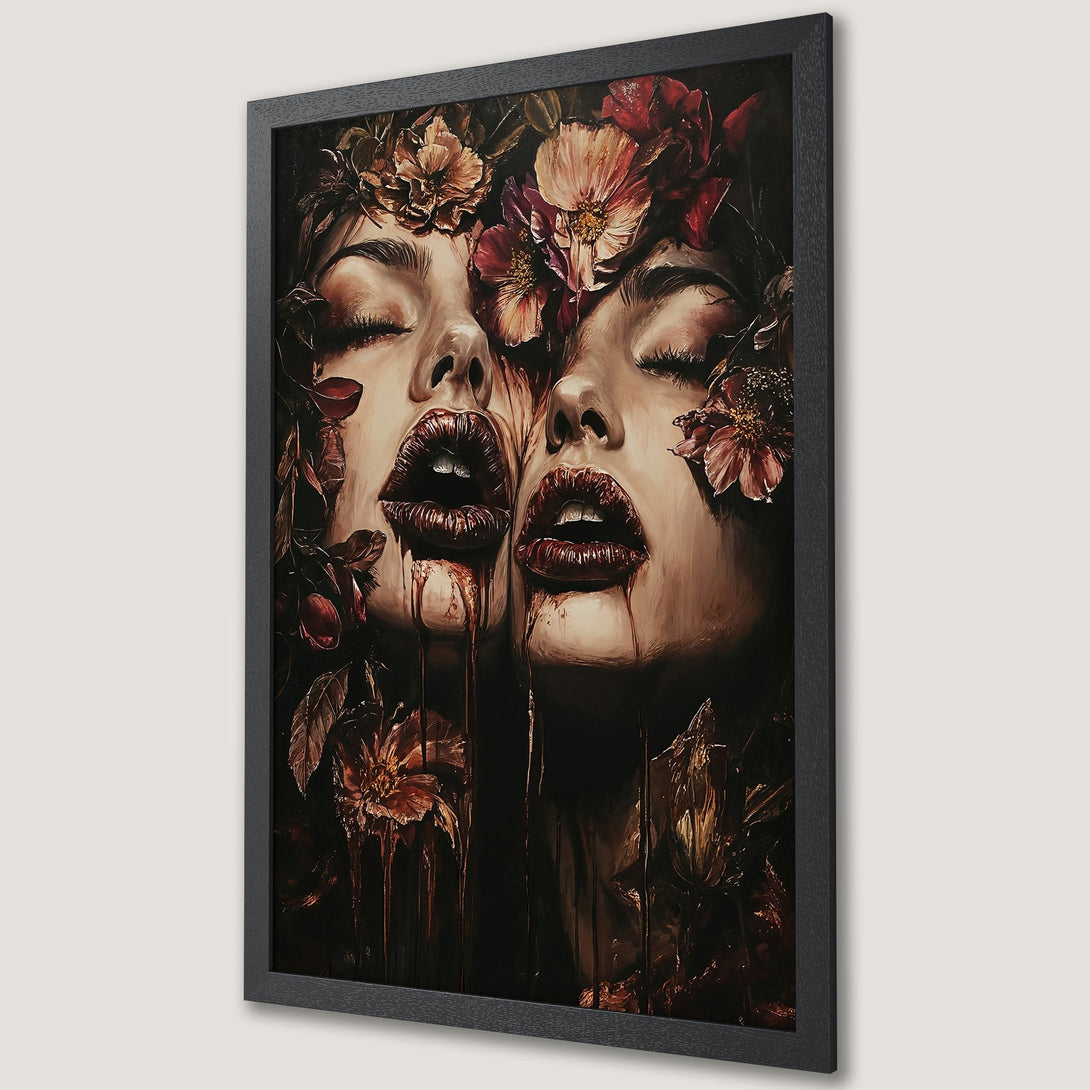 Framed Poster featuring two faces with floral accents, dark and moody style, warm brown and red color palette. Perfect wall art!