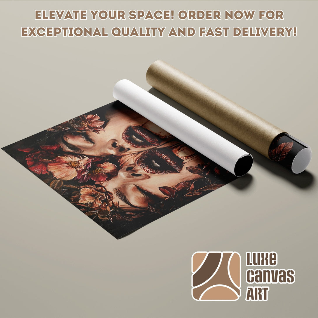 Poster Roll featuring a woman's face with flowers, dark and warm color palette. Elevate your space!
