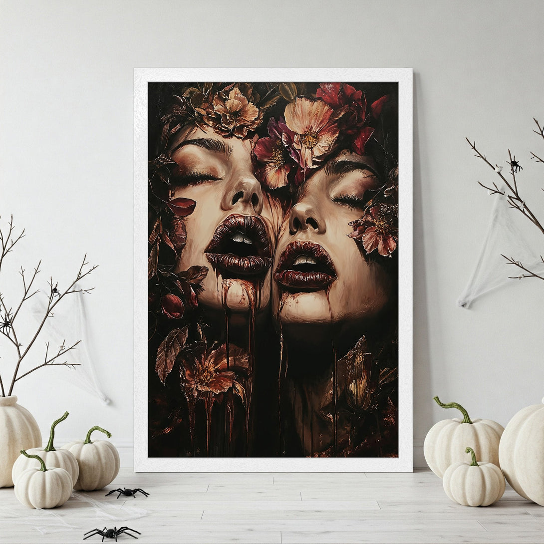 Framed Poster featuring two women with floral crowns, dark red lips, and a moody, gothic color palette. Perfect for Halloween decor!