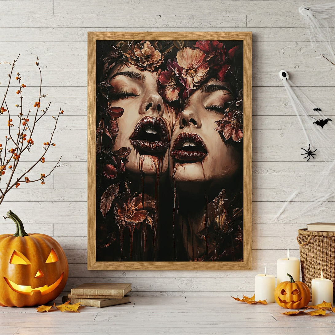 Framed Poster featuring a gothic portrait with a dark red and brown color palette. Perfect Halloween wall art!
