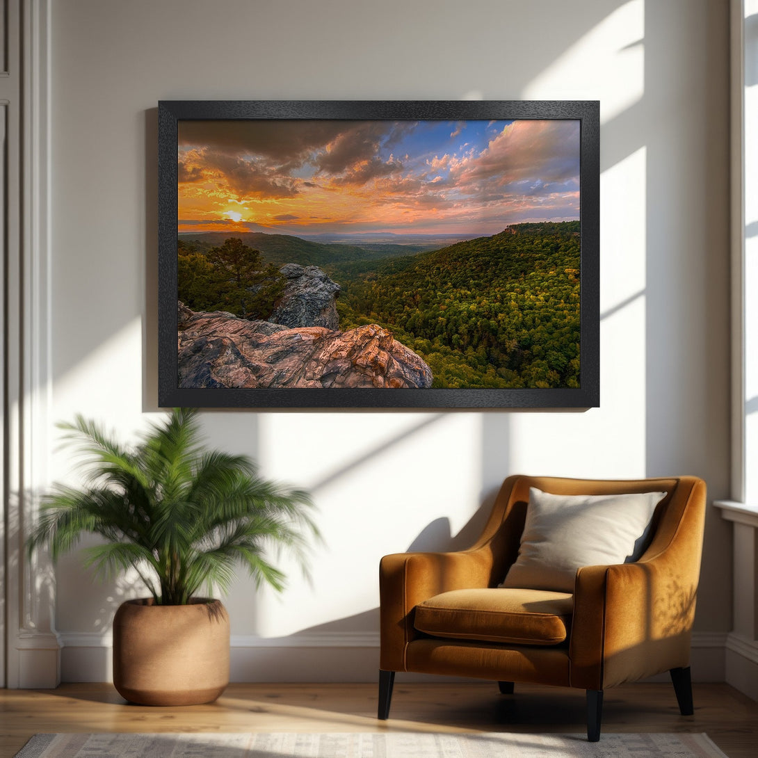 Framed Poster of a stunning sunset over a mountain landscape. Warm color palette with orange, blue, and green hues. Perfect wall art!