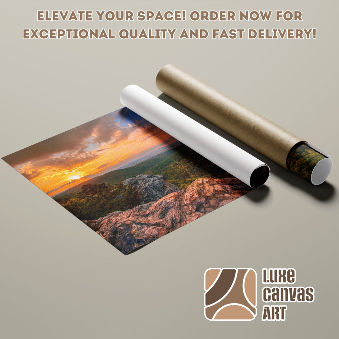 Poster Roll of a scenic sunset landscape, warm colors, and natural style. Order now!