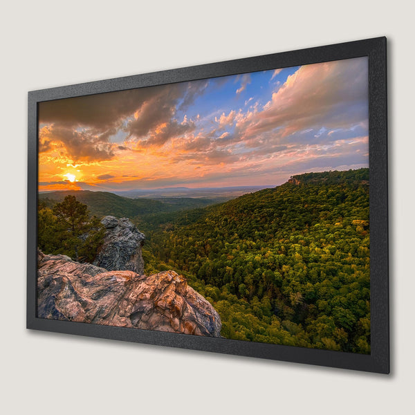 Framed Poster of a scenic mountain landscape at sunset, vibrant colors, perfect wall art.
