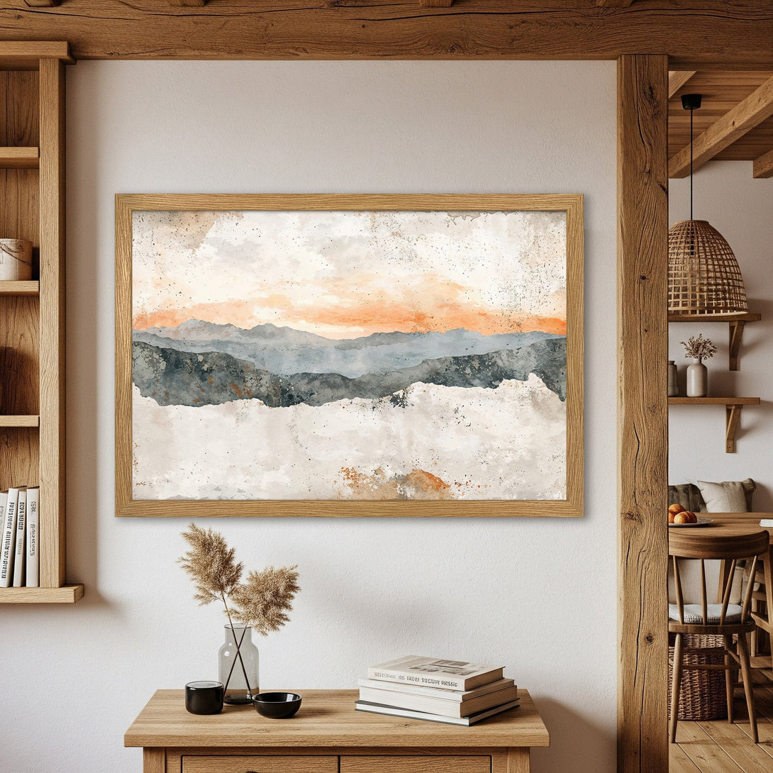 Framed Poster featuring a watercolor mountain landscape in neutral tones. Perfect wall art for a serene and stylish home.